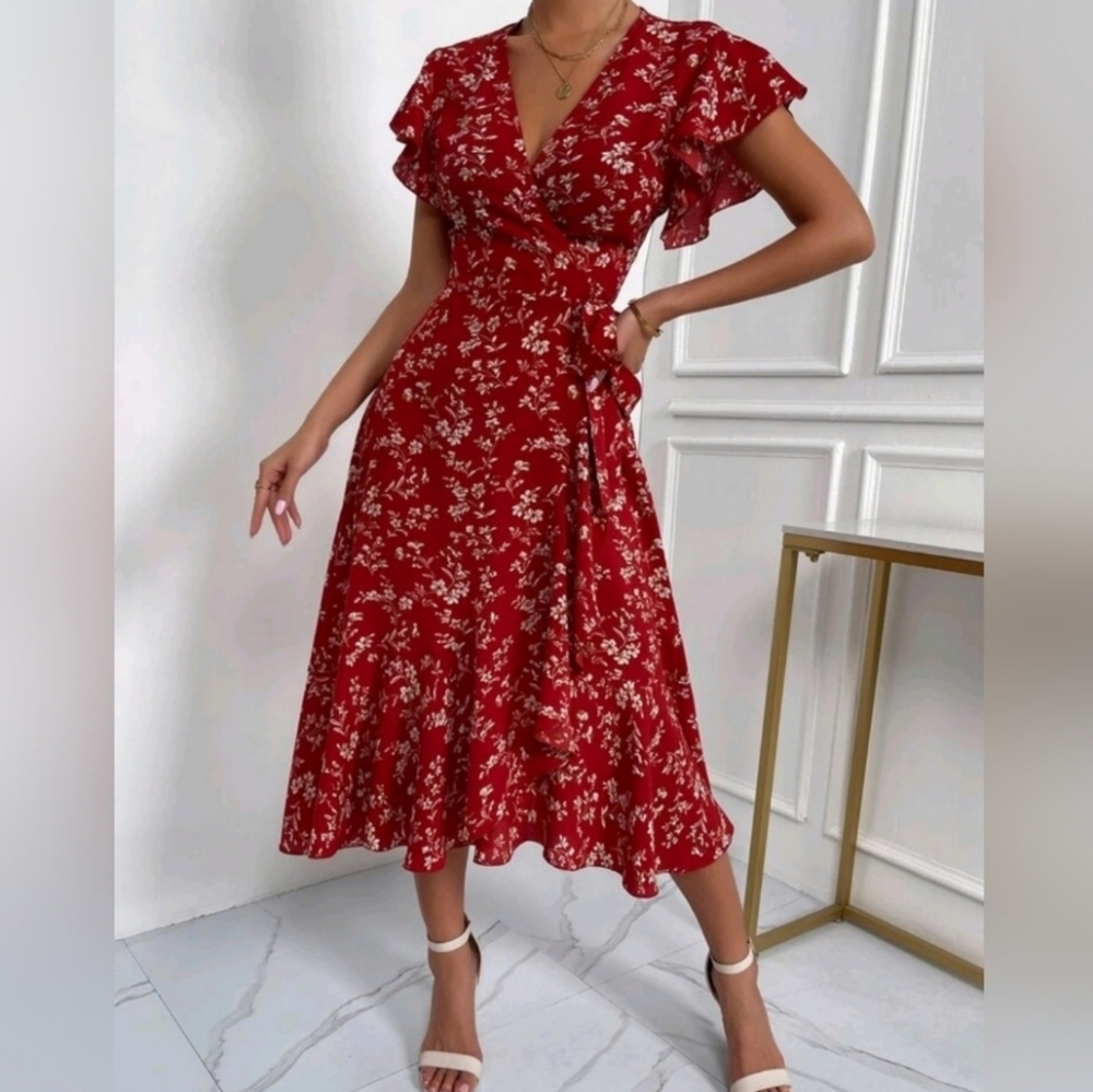 * NEW Boho Floral Flutter Wrap Dress Burgundy Red
